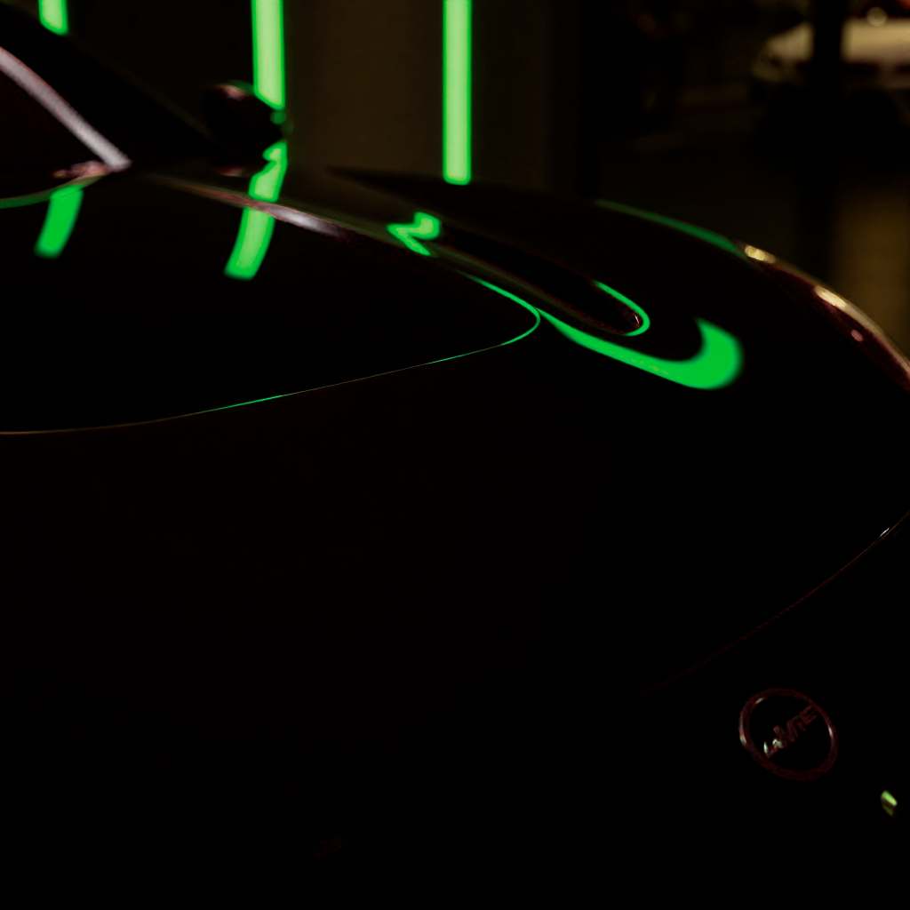 Close cinematografico de um carro premium com reflexos e luz.